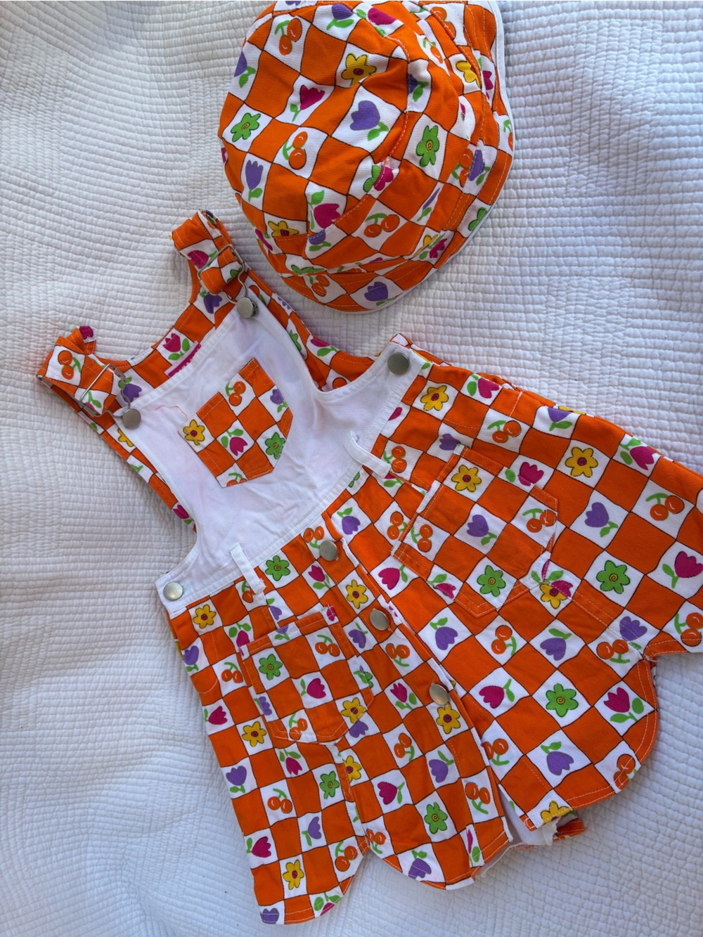 Gitano Orange Checker Floral Overall Skort-Dress with Matching Hat